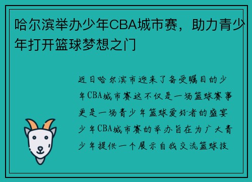 哈尔滨举办少年CBA城市赛，助力青少年打开篮球梦想之门