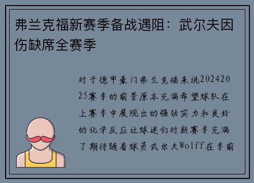 弗兰克福新赛季备战遇阻：武尔夫因伤缺席全赛季