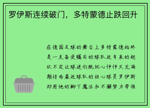 罗伊斯连续破门，多特蒙德止跌回升